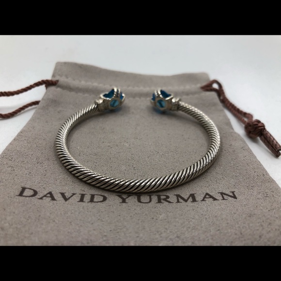David Yurman Blue Topaz Cable Wrap Bangle Diamonds - Picture 5 of 7
